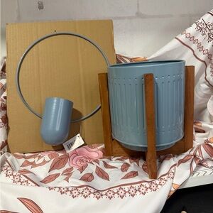 Blue Planter with Stand and wall decor